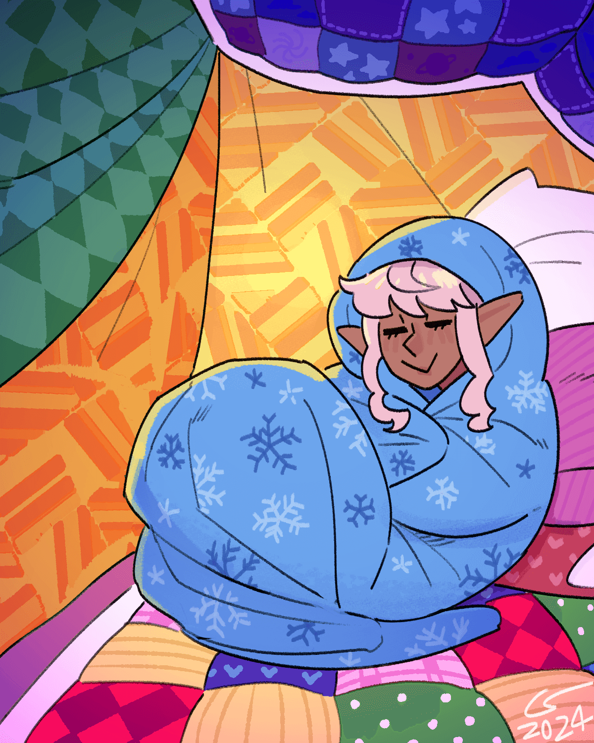 Shen sitting inside a fort made of blankets and quilts of a variety of colors and patterns. She's curled up in a blanket looking cozy.