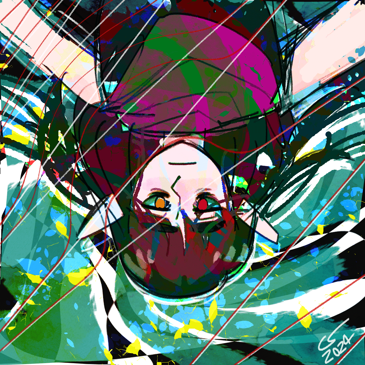 Portrait of Vae against a colorful, abstract background. She's coming in from the top of the frame, as if the drawing has been flipped upside-down. She looks tired.