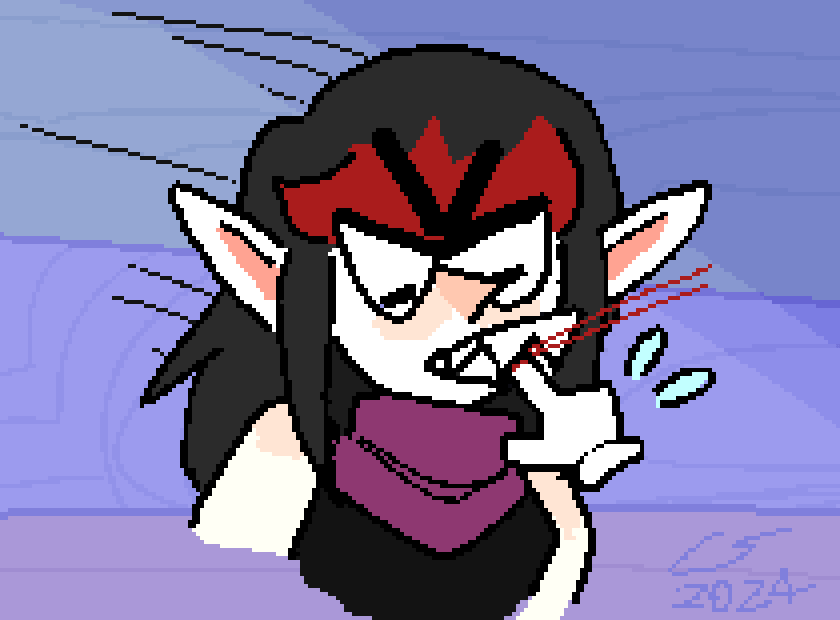 Illustration in the style of a 90s edutainment game. Vae is violently biting down on the finger of a distressed, hand-shaped mouse cursor.