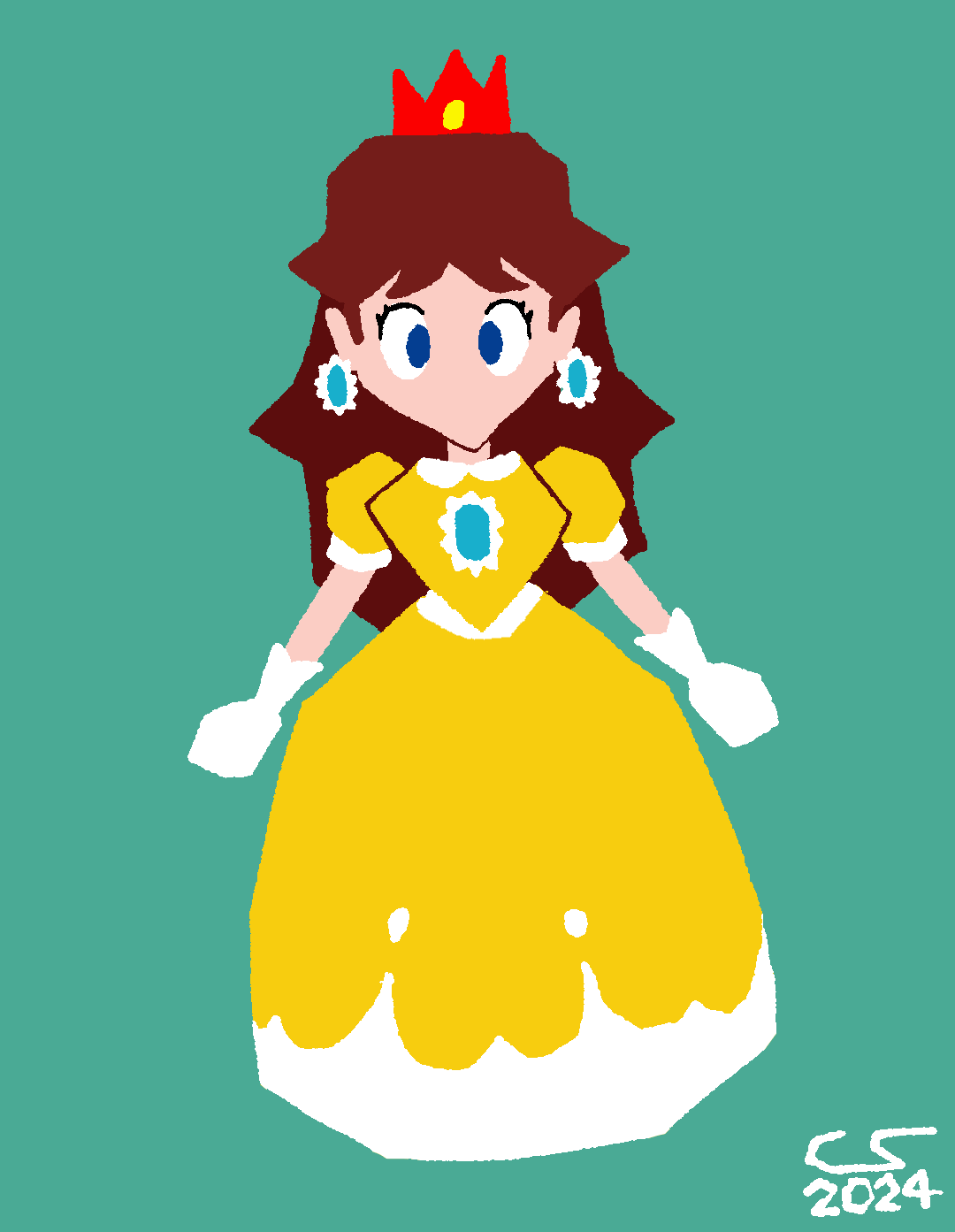 Doodle of Princess Daisy of Super Mario fame, drawn in a chunky, pointy style reminiscent of low-poly N64 graphics.