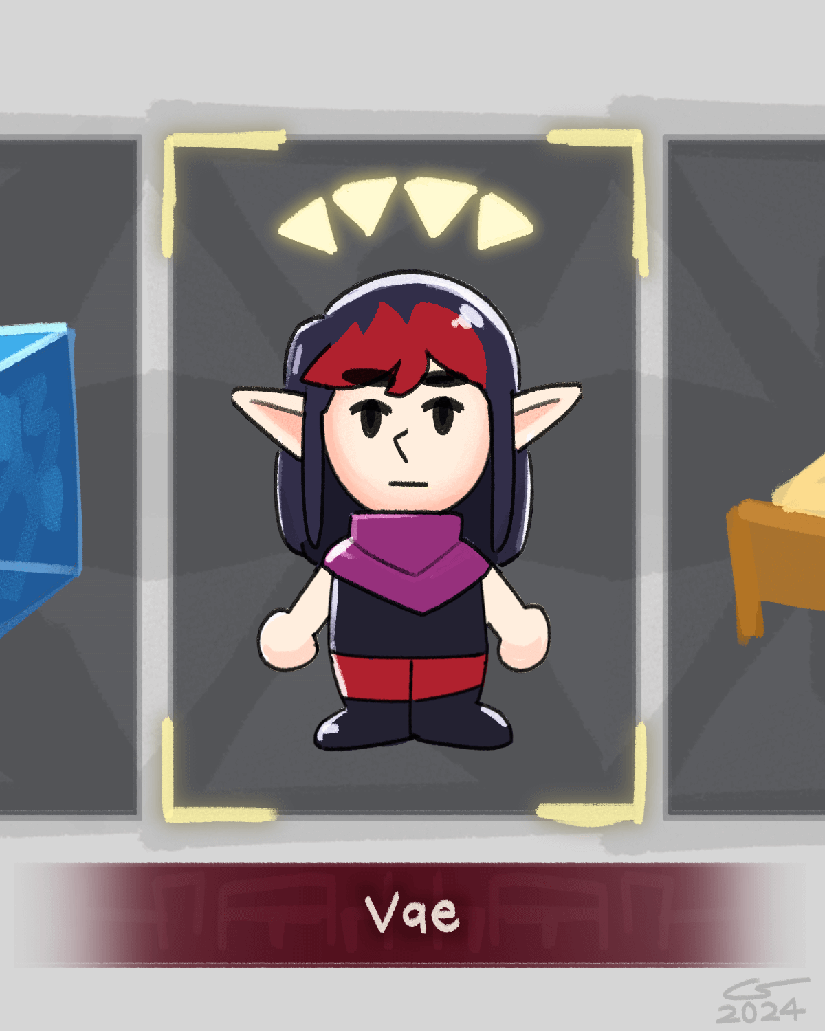 Illustration of Vae drawn in the style of Legend of Zelda: Echoes of Wisdom. She's available as an echo summon with a price of four triangles.