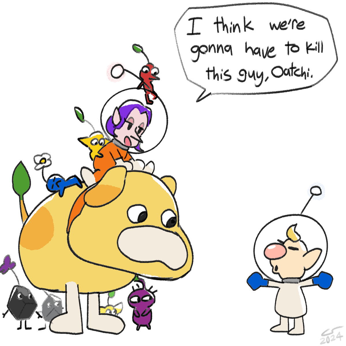 Illustration of the protagonist of Pikmin 4 riding Oatchi, followed by several pikmin. Louie is t-posing in front of them. The protagonist looks down at Oatchi and says 'I think we're gonna have to kill this guy, Oatchi'.