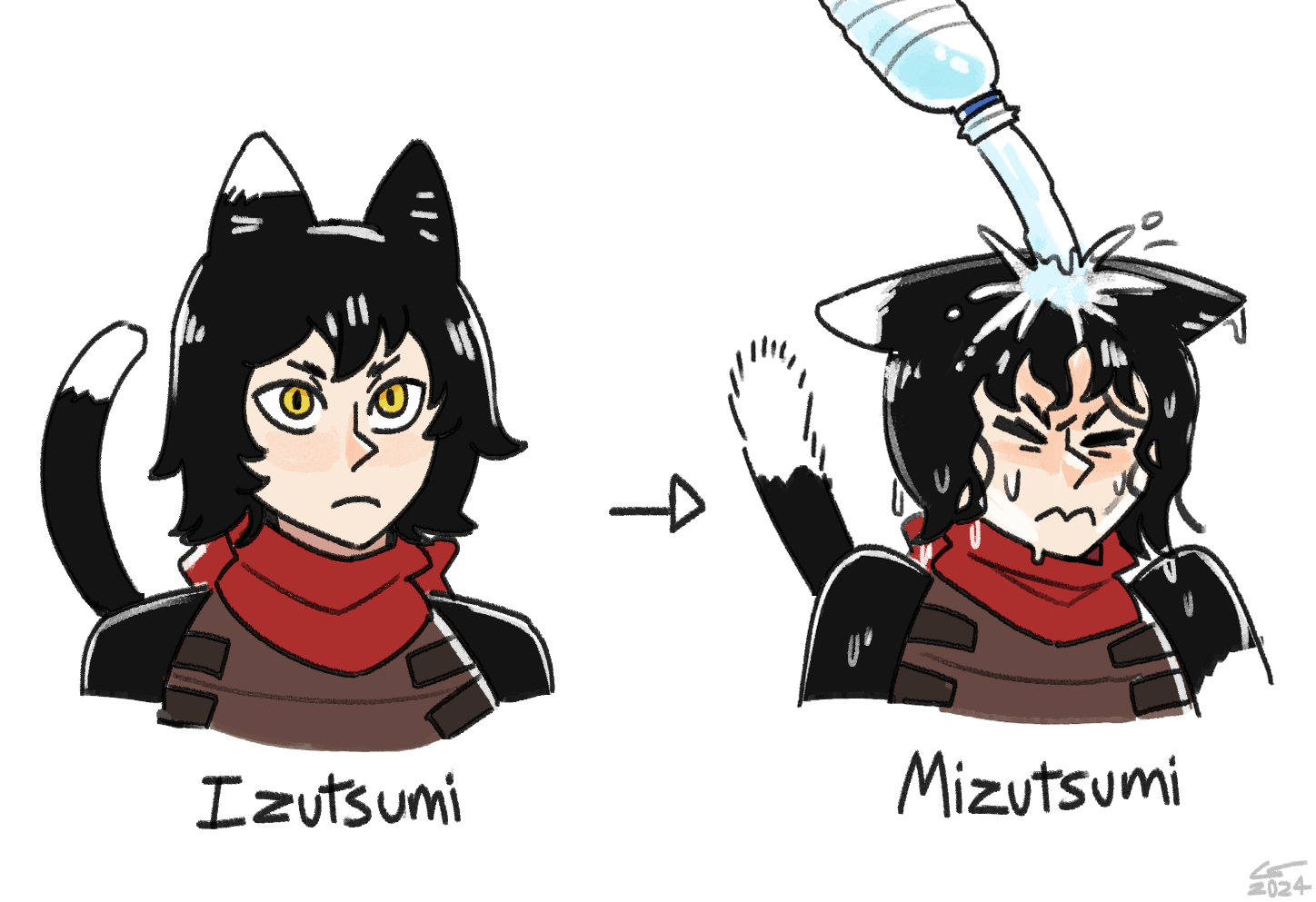 Drawing of Izutsumi from Dungeon Meshi, labeled 'Izutsumi', followed by a drawing of Izutsumi with water being poured over her head, labeled 'Mizutsumi'.