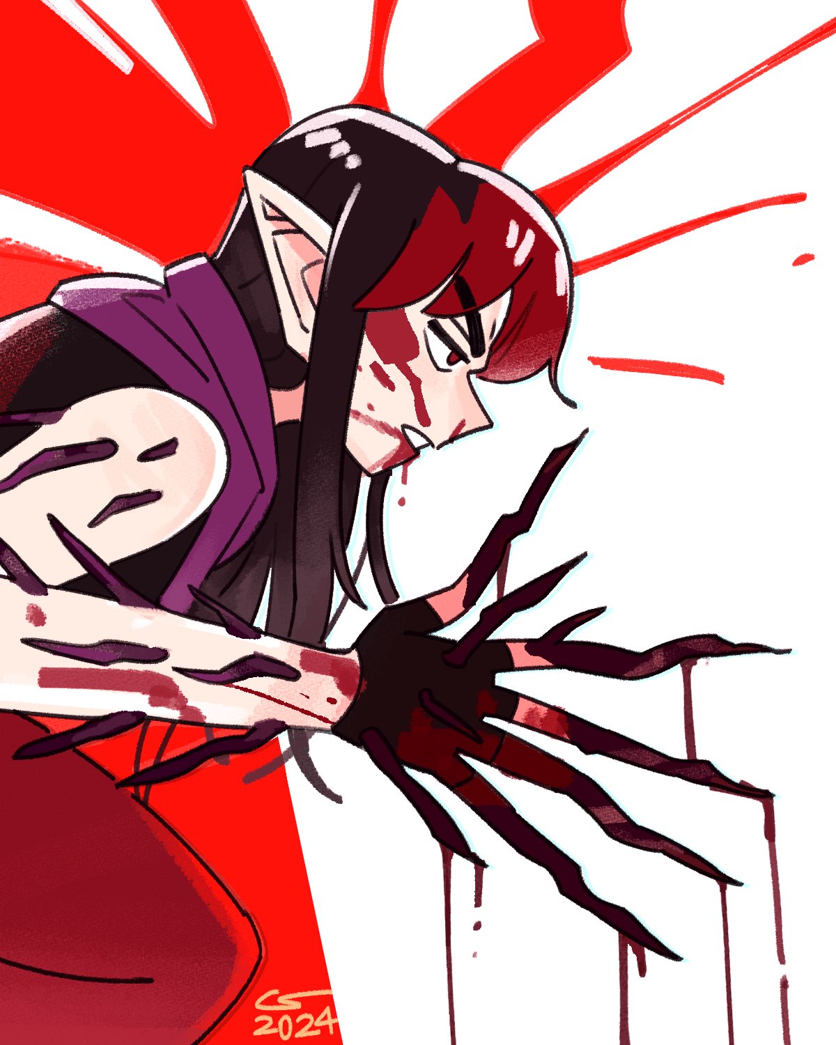 Bright, striking illustration of Vae with jagged black needles sprouting out of her hand and arm, looking ready to fight. She's absolutely covered in blood, and, by the looks of it, most of it isn't hers. She glares fiercely at an unseen opponent.