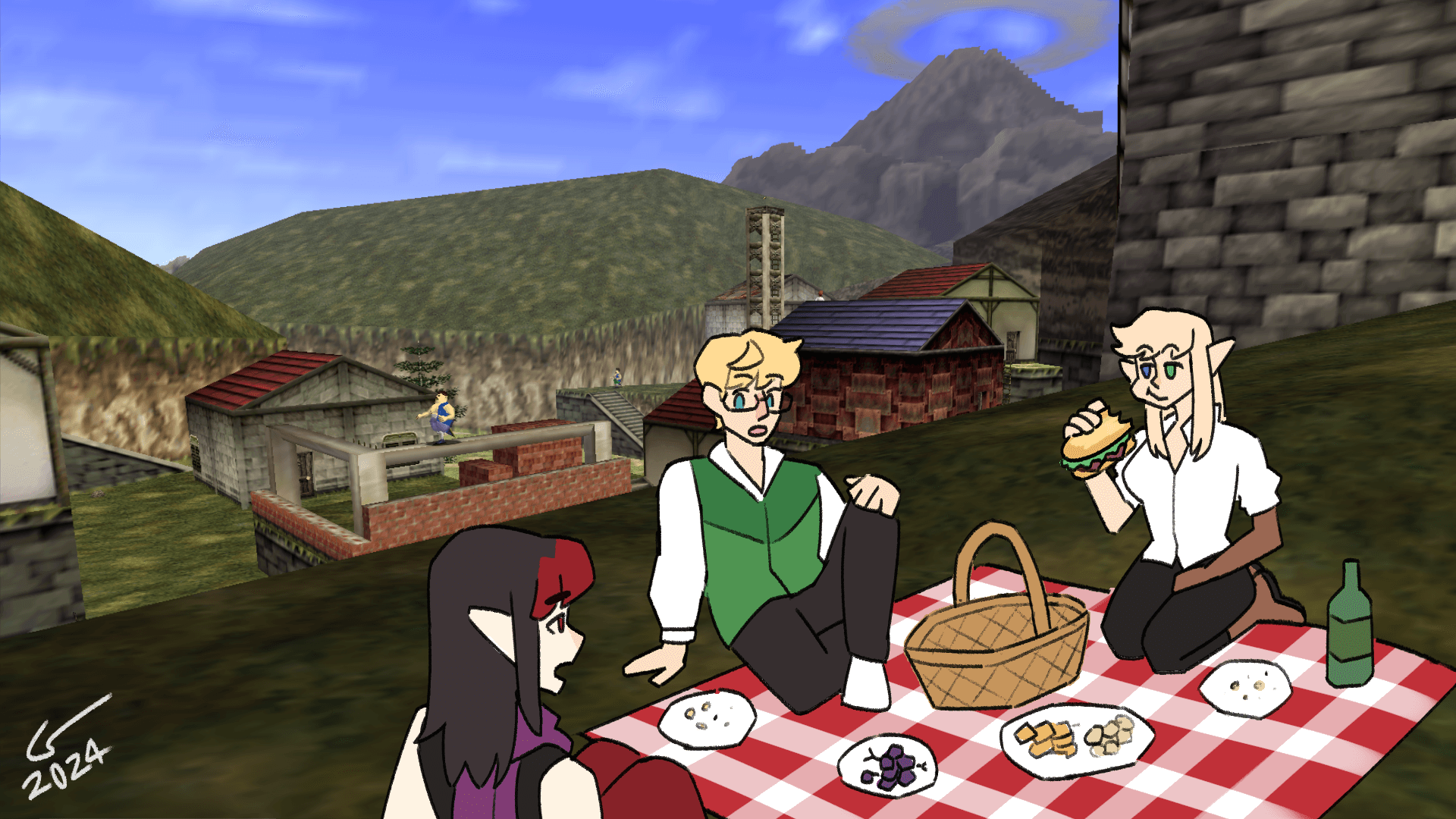 Drawing of Vae, Isaac and Caelle having a picnic. They've been drawn on top of a screenshot of Kakariko Village from Ocarina of Time, to make it look like they're sitting on the hill next to the windmill.