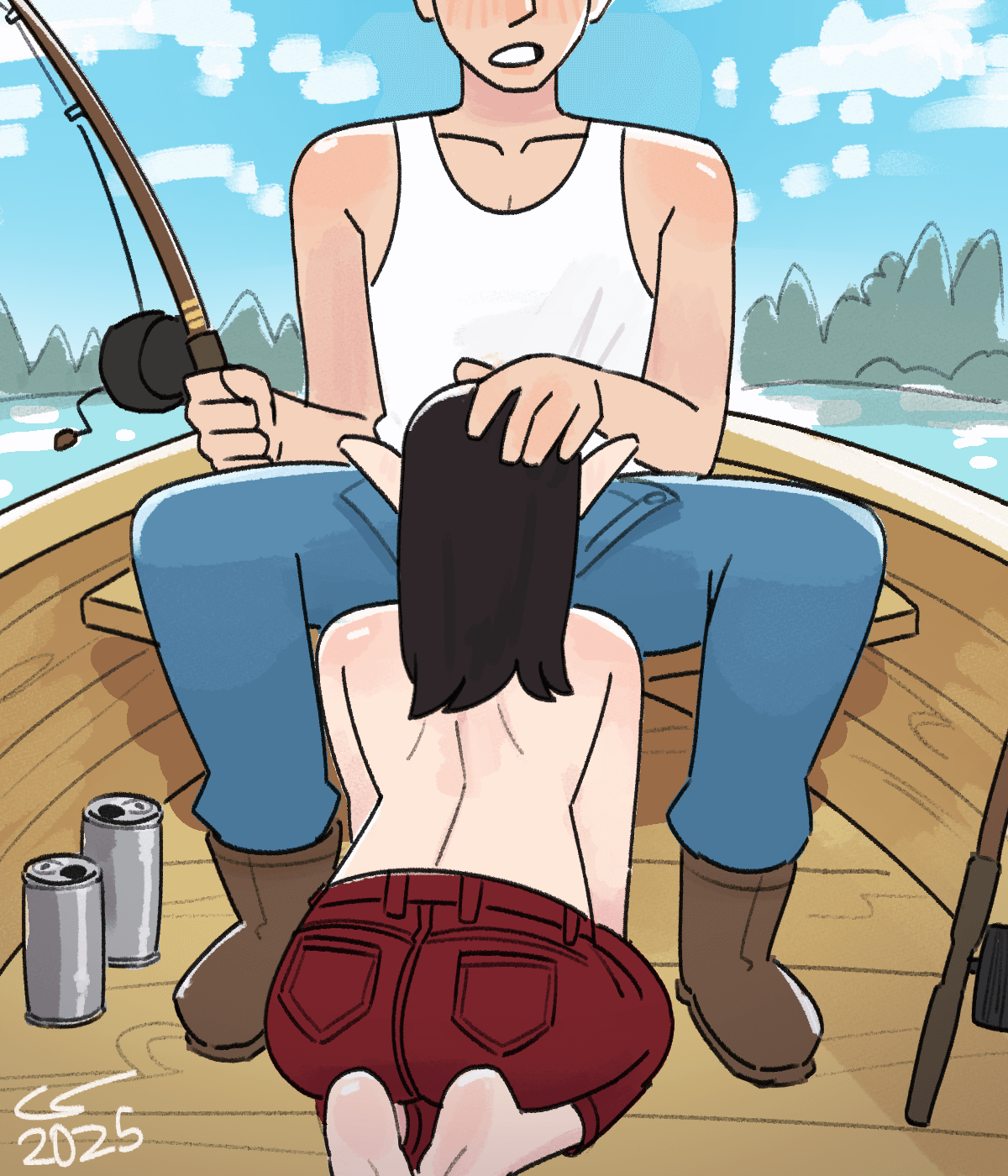 Drawing of Vae and Isaac on a small, wooden fishing boat out on a lake. Vae is topless, kneeling at the bottom of the boat and sucking Isaac's cock. Neither of them are fishing.
