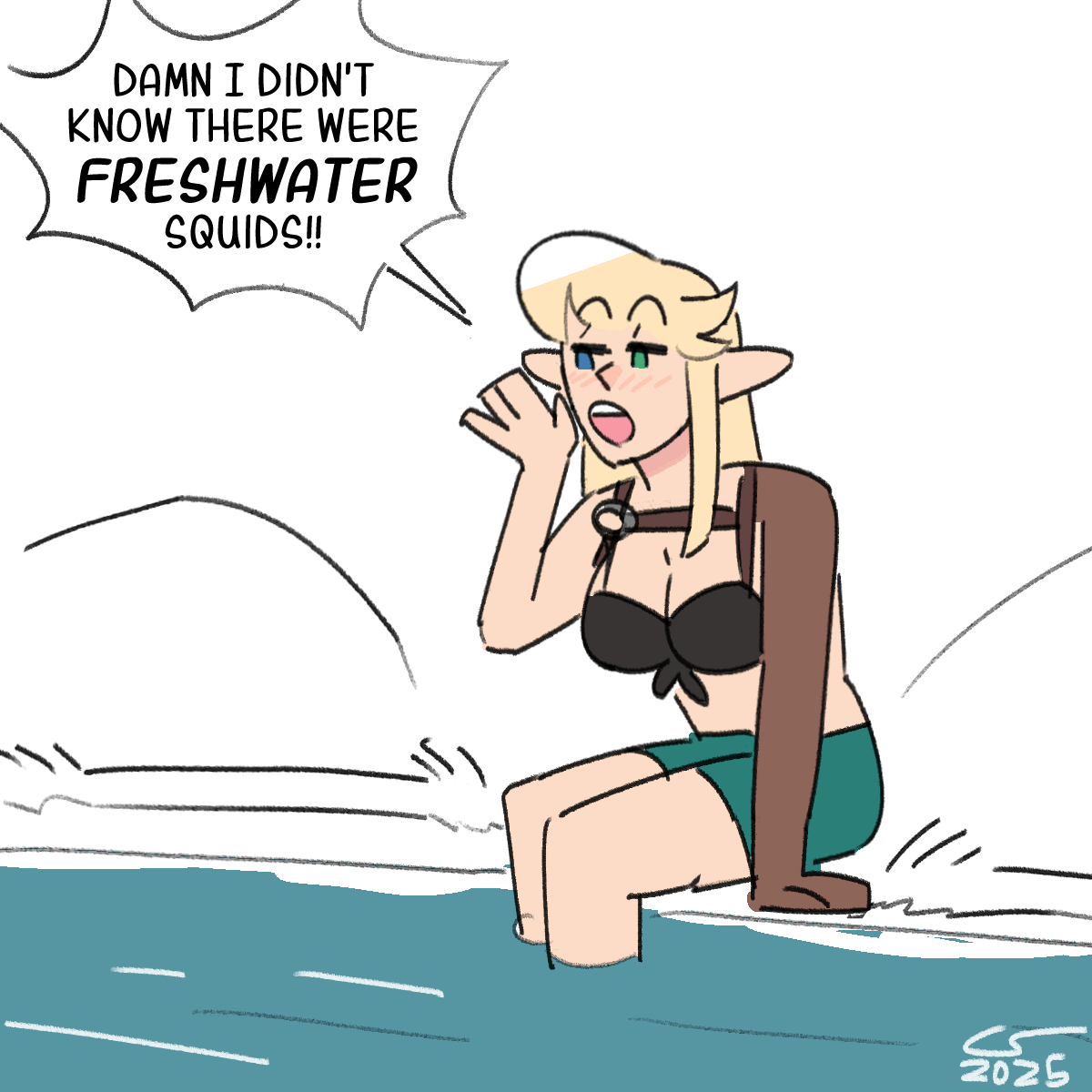 doodle of Caelle sitting on the riverbank, watching and heckling Vae and Shen. 'Damn, I didn't know there were freshwater squids!!' she calls out.