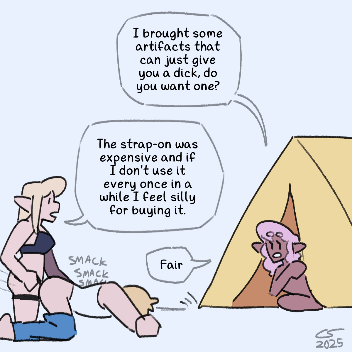 doodle of Shen peeking her head out of the tent while Isaac and Caelle fuck. 'I brought some artifacts that can just give you a dick, do you want one?' Shen asks. 'The strap-on was expensive and if I don't use it every once in a while I feel silly for buying it,' answers Caelle. 'Fair,' Shen replies.